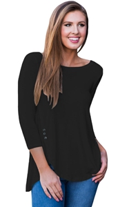 BY250345-2 Black Button Slit Detail Long Sleeve Blouse